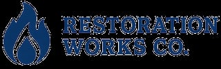 Restoration Works Co. logo featuring a blue water droplet flame symbol and company name text